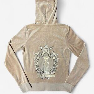 Juicy Couture Tan Gold Velour Hoodie with Embellished Back Logo Crest
